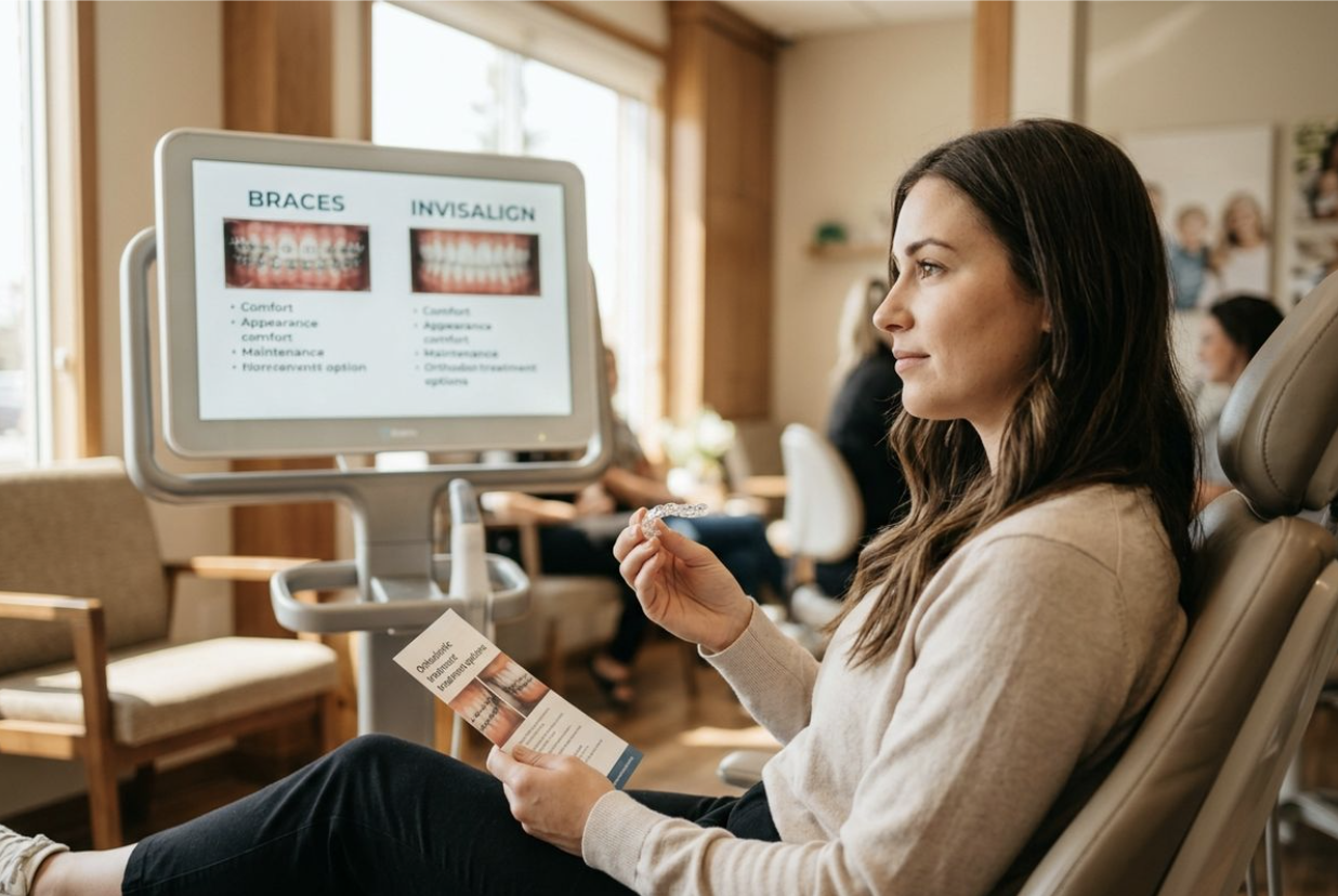 Adult seated in a dental chair holding a clear aligner and brochure, viewing a screen comparing Braces and Invisalign treatment options.