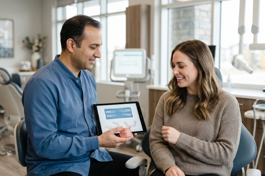 Dentist holding a dental model and tablet shows a smiling patient a treatment plan in a dental clinic.