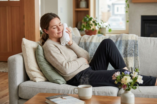 Adult reclining on a sofa, pressing a white cloth to their cheek with eyes closed, smiling. Coffee mug and book on table nearby.