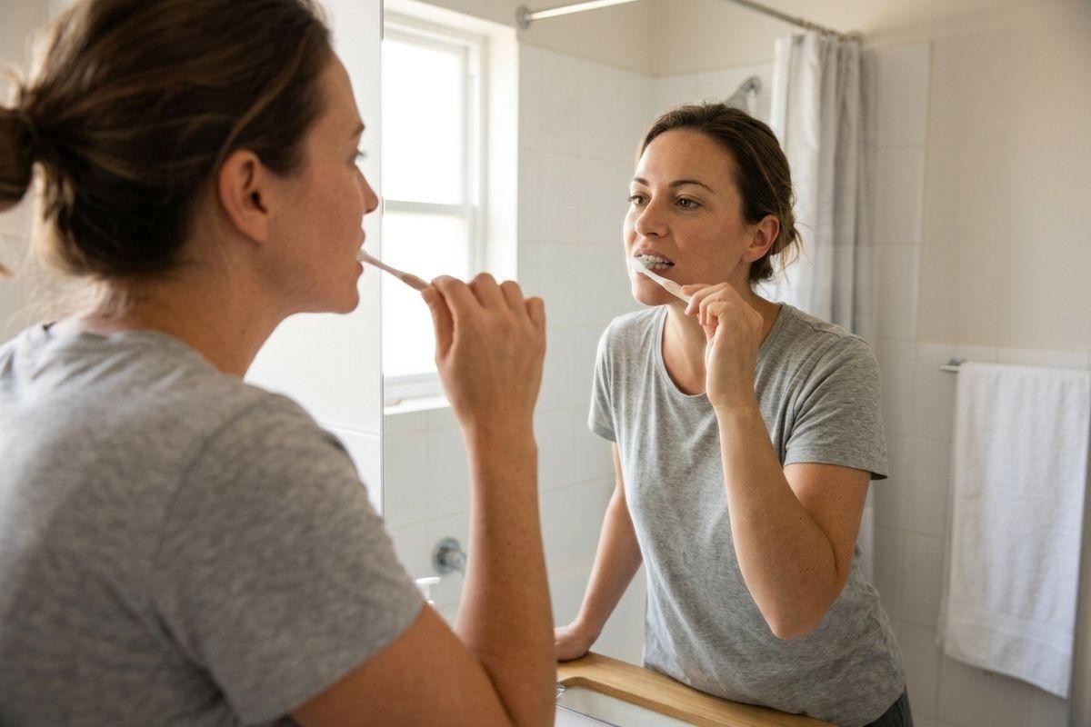 Adult brushing teeth with a toothbrush while looking at their reflection in a bathroom mirror.