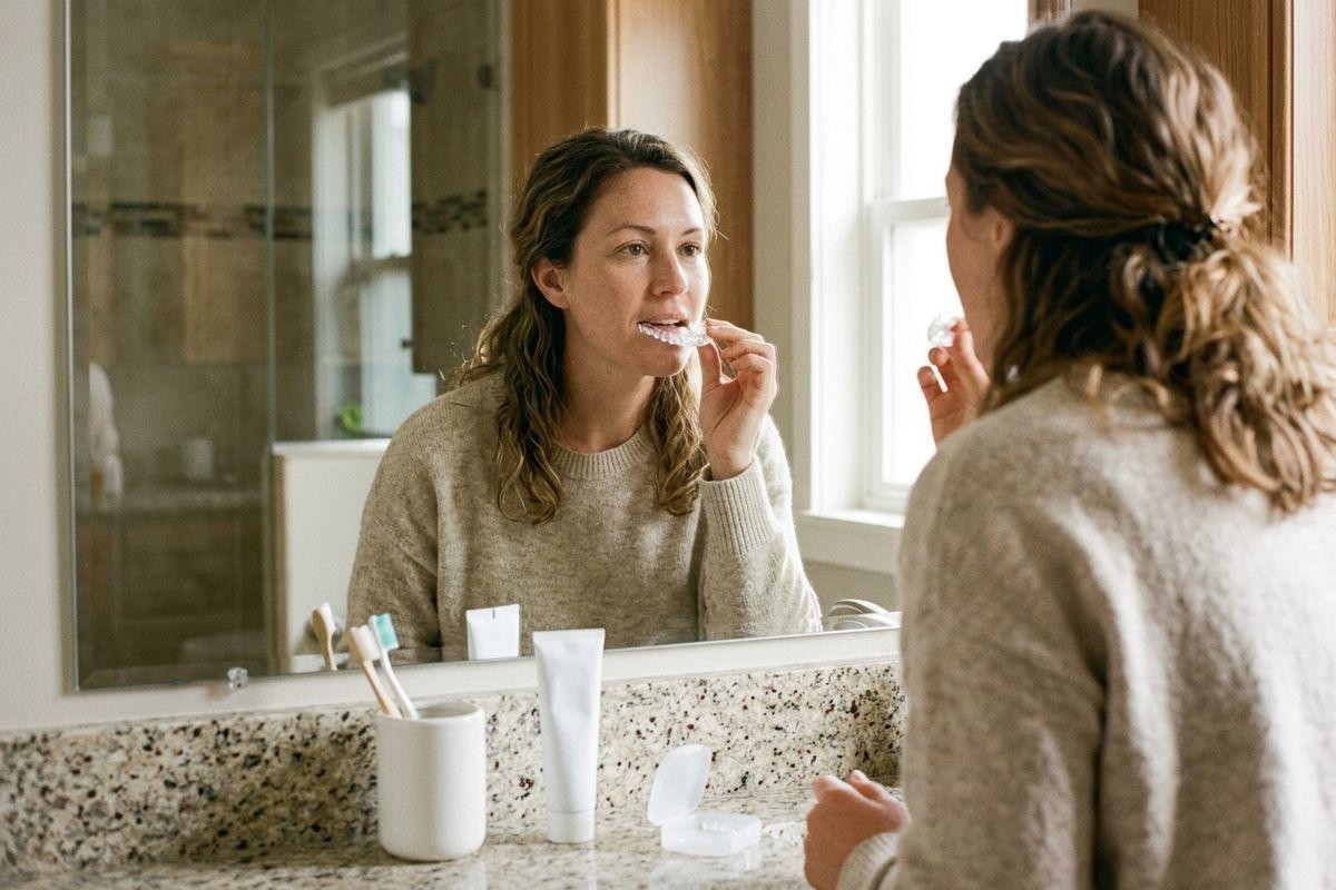 Adult inserting a clear dental aligner while looking in a bathroom mirror, with a case and toothbrushes on the granite counter.